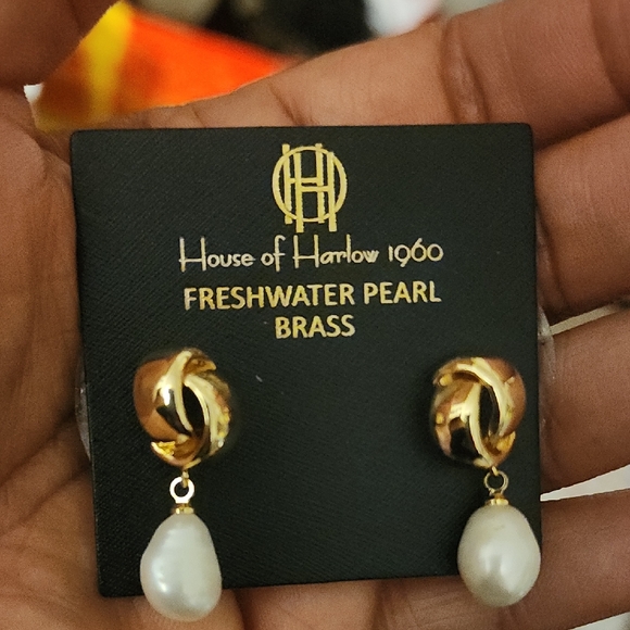 House of Harlow 1960 Jewelry - House of Harlow 1960 Gold Knot Earrings with Freshwater Pearl Drops